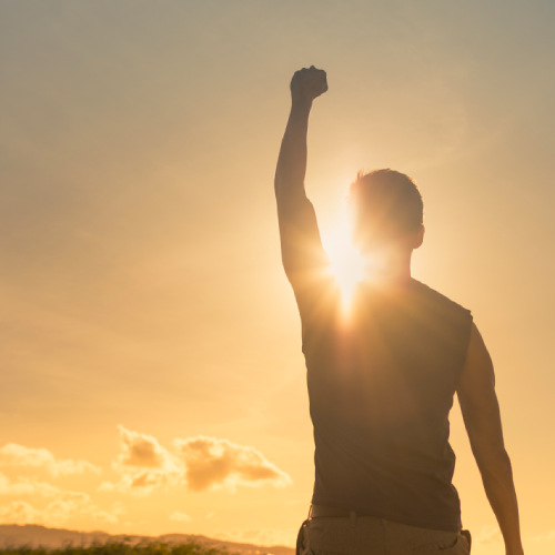 A man is seen cheering with his arm facing the sun set