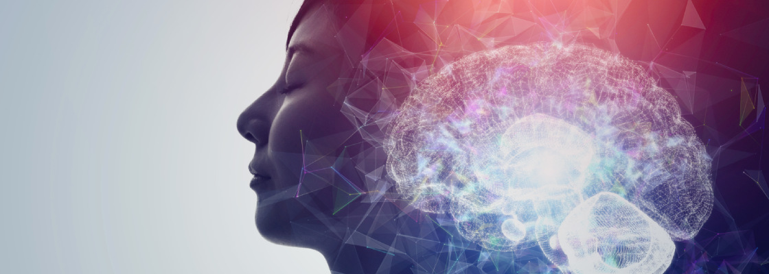 An overlay of a brain scan is placed on top of a woman's side profile, illustrating the connection between the physical brain and mental aspects of a person