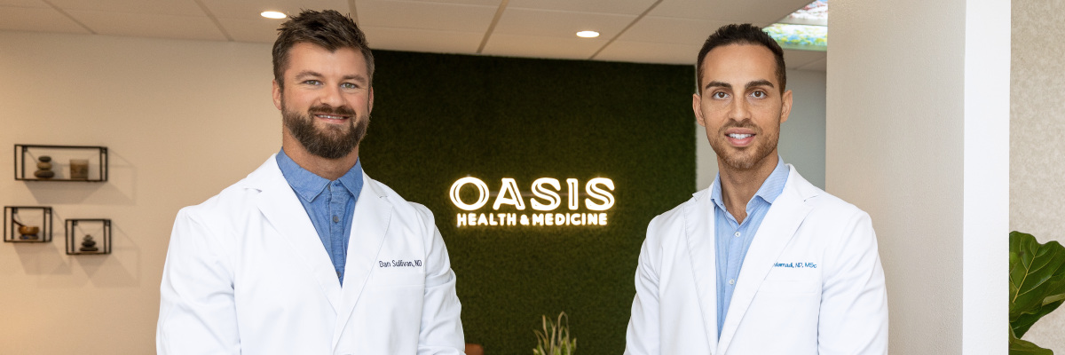 Front interior lobby of Oasis Health and Medicine clinic, with Dr. Pedi Mirdamadi, and Dr. Dan Sullivan