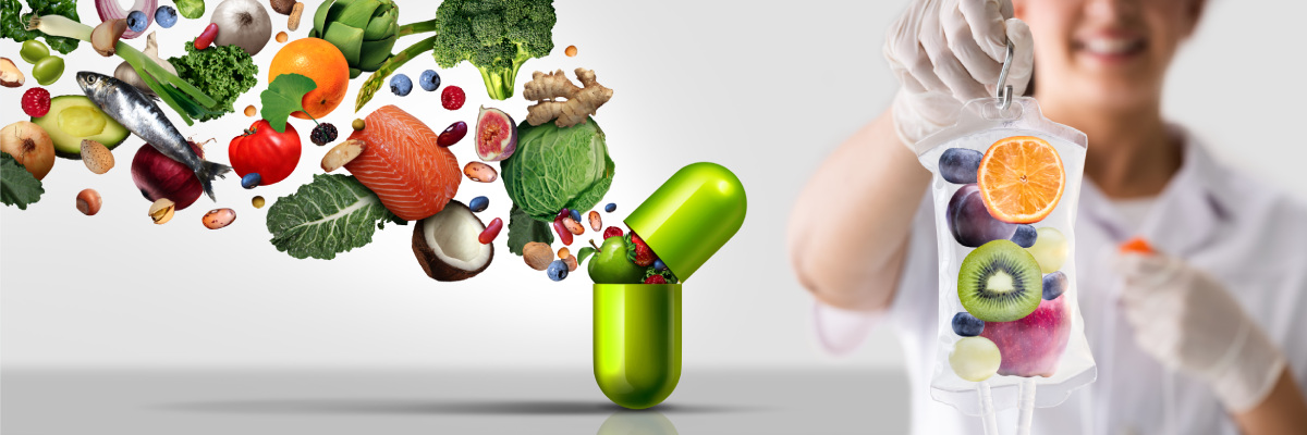 Illustrative assorted collection of fruits and vegetables sucked into a supplement capsule for use in IV therapy