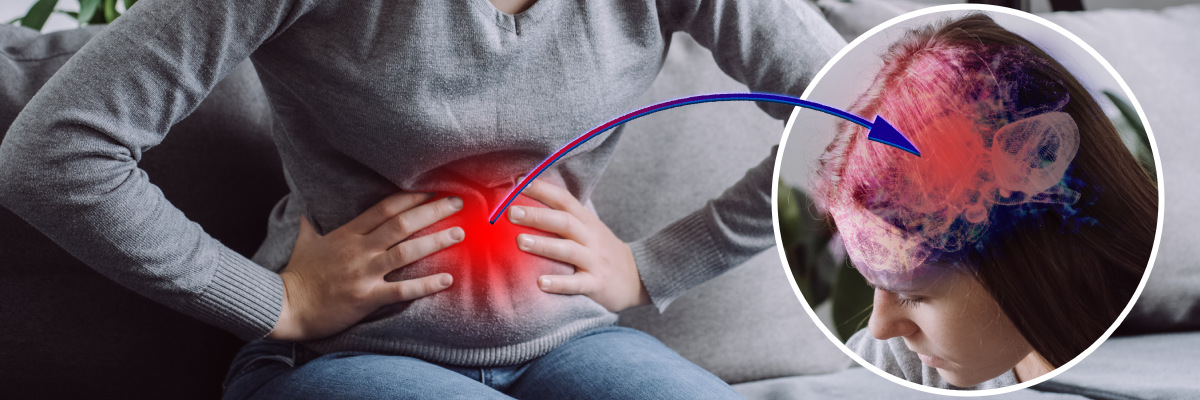  Visualizing a un-healthy connection between gut and brain in a woman. Arrow pointing from belly area to brain area